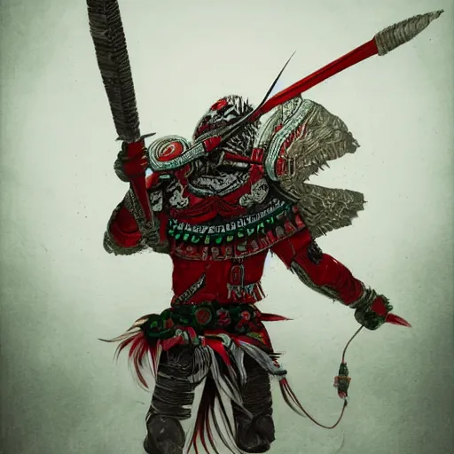 Image similar to mexican indigenous warrior in a ornated armor preparing for war, full body, dynamic pose, red and white and green neon, concept art, intricate details, highly professionally detailed, cgsociety, highly detailed -