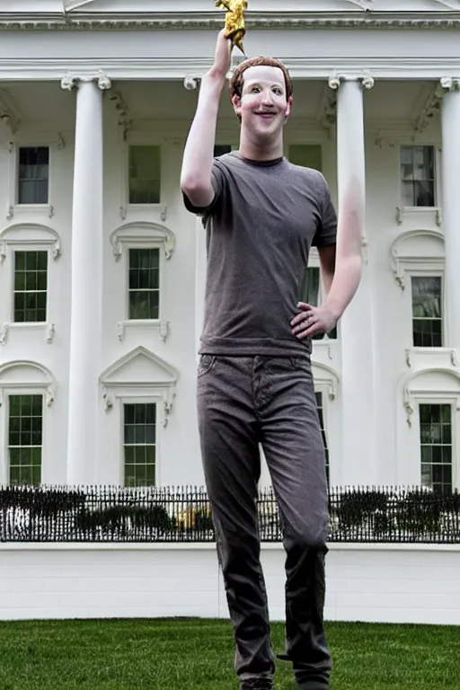 Prompt: A beautiful gold statue of Mark Zuckerberg in front of White House, photo by Steve McCurry, heroic pose, detailed, smooth, smiling, professional photographer