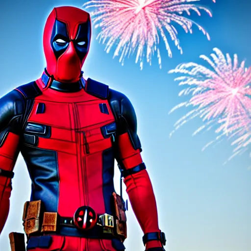 Image similar to deadpool fireworks in the sky, photography, beautiful, detailed,