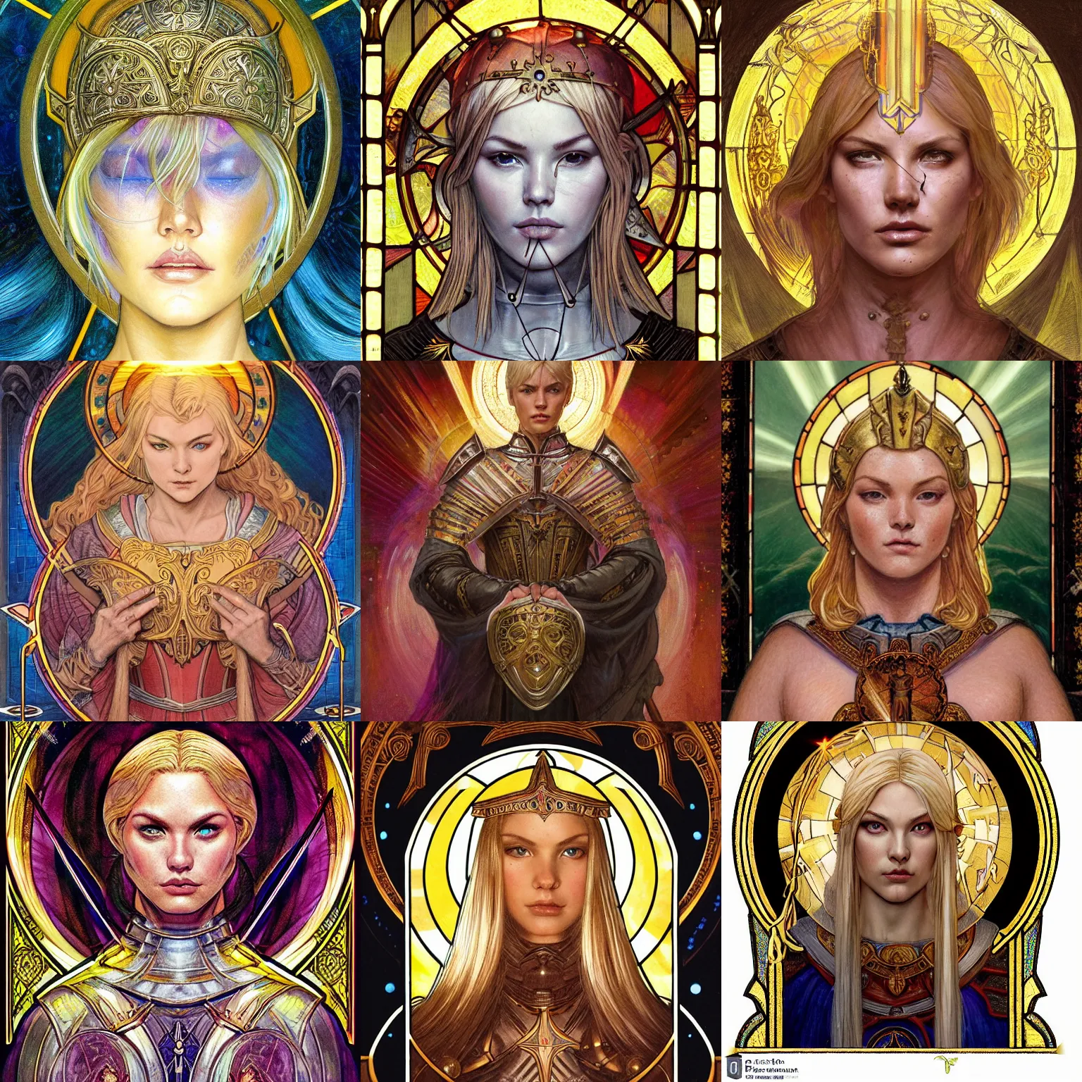 Prompt: masterpiece head-on symmetrical centered portrait, Elisha Cuthbert as a saint paladin, D&D portrait, medieval era, blonde hair, prismatic golden halo around head, wearing plate armour, elegant, distant, stained glass tarot style, in the style of Edgar Maxence and Ross Tran and Zdzisław Beksiński and Michael Whelan and Mucha and Gustave Doré, specular highlights, 8k, octane render