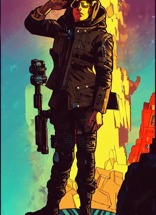 Prompt: cyberpunk soviet assassin with scenic sub arctic background. portrait illustration, pop art, art by ashley wood, alphonse mucha, laurie greasley and josan gonzalez. cinematic. dynamic lighting. realistic proportions. creative design. cell shading