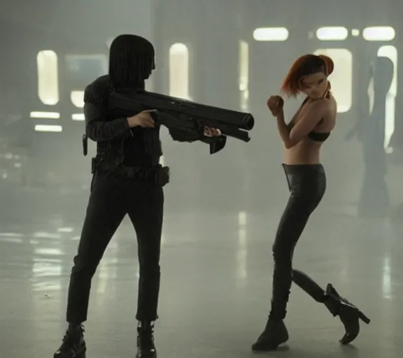 Image similar to a movie still of kylie jenner as joi aiming a gun at ryan gosling in the movie blade runner 2 0 4 9