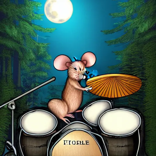 Image similar to mouse playing drums, fantasy forrest background, moonlight, digital art, detailed, medium shoot