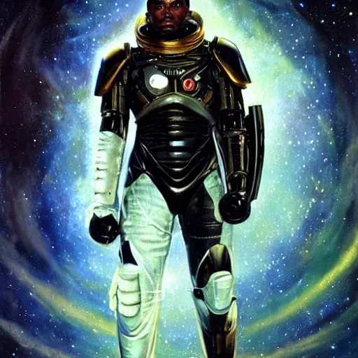 Image similar to photoreal portrait of a powerful black man in scifi armour, space nebula milky way background, by norman rockwell and boris vallejo, artstation, concept character art