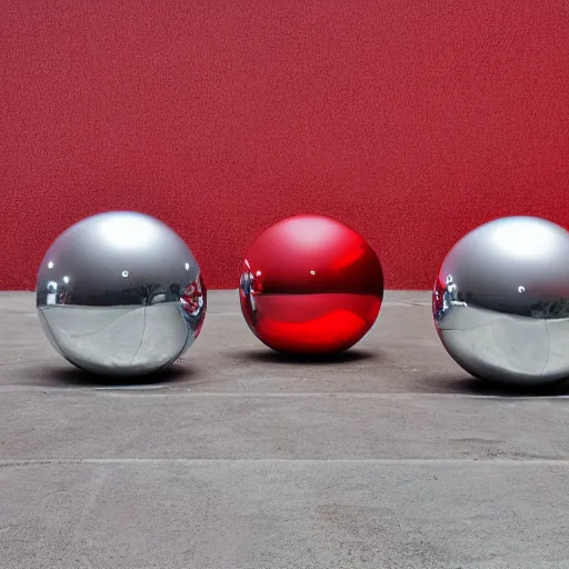 Prompt: chrome spheres on a red cube, atmospheric