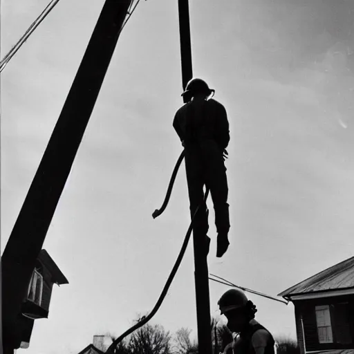 Image similar to A dramatic photo of a an electrician receiving CPR on top of a electric pole after being electrocuted (1967). Two electricians are wearing harnesses. Black and White