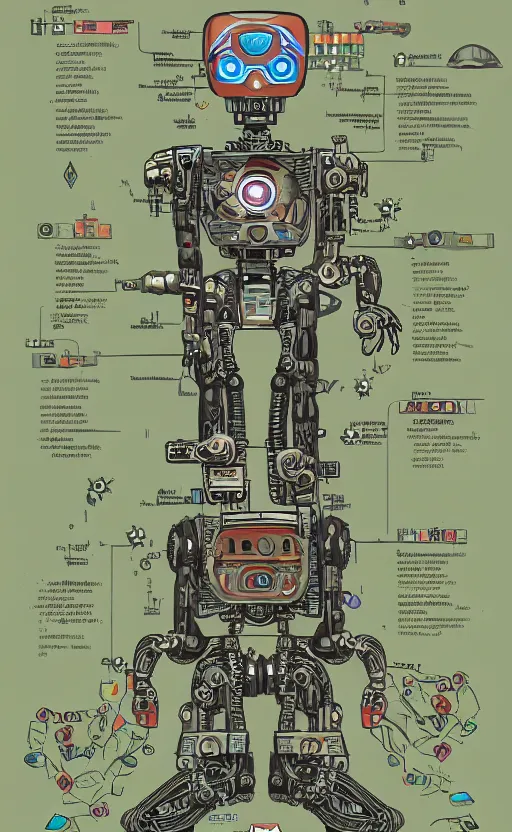 Image similar to anatomy of the terminator, robot, cyborg, t100, diagrams, mystical, intricate ornamental tower floral flourishes, technology meets fantasy, map, infographic, concept art, art station, style of wes anderson