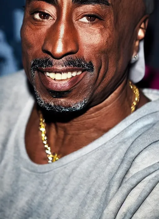 Image similar to dslr photo portrait still of 5 0 year old age 5 0 tupac at age 5 0, 8 5 mm f 1. 8, times magazine