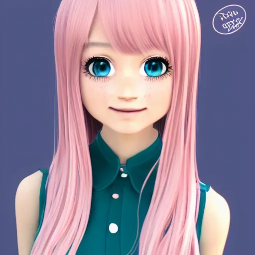 Image similar to Render of Nikki from Shining Nikki Dress-Up Game, a cute 3D young woman, long light pink hair, full bangs, full round face, hazel amber eyes, pale skin, cute freckles, light blush, Chinese heritage, smiling softly, wearing casual clothing, interior lighting, cozy living room background, medium shot, mid-shot, hyperdetailed, trending on Artstation, Unreal Engine 4k