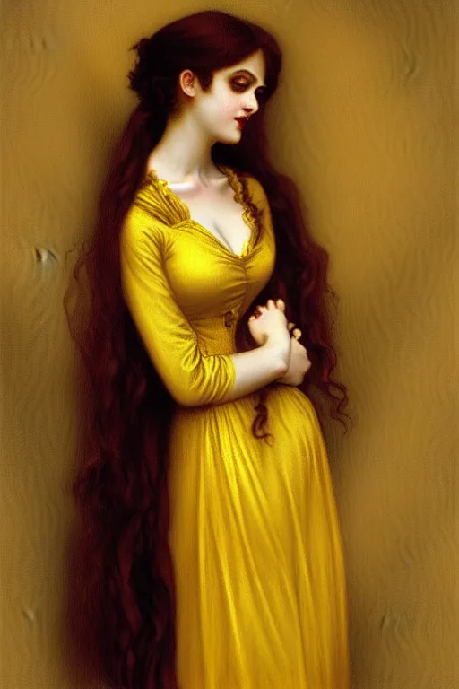 Prompt: victorian vampire in yellow dress, painting by rossetti bouguereau, detailed art, artstation