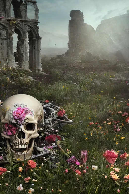 Prompt: a human skeleton full of flowers sitting in a destroyed and ruined throne in a ruined castle at sunrise, concept art, octane render, unreal engine 5, trending on Artstation, high quality, 8K, soft lighting, trending on DeviantArt, highly detailed, digital art, hyperrealistic, path traced, godrays, complementary colors, natural lighting, anatomically correct, five fingers