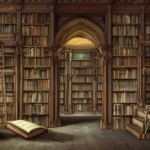 Prompt: a grand library, arches, fantasy sketch, concept art, bookshelves, ladders, architecture, highly detailed