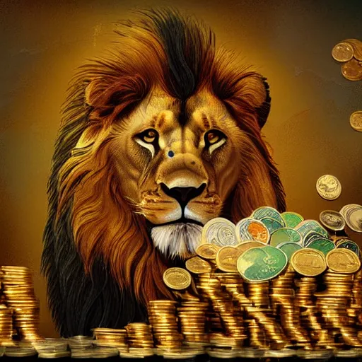 Image similar to Lion having a party, money shower, coins, digital art, dollar bills, concept art, digital painting, highly detailed, illustration