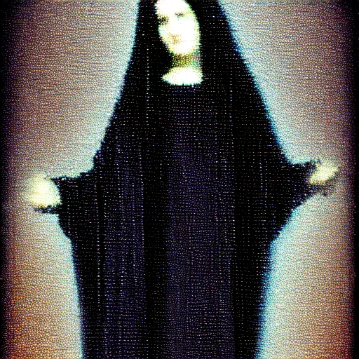 Image similar to vhs static overlay of marian apparition, vhs, 1 9 9 0, beautiful, highly realistic, highly detailed, vhs noise static, black and white, vhs glitch