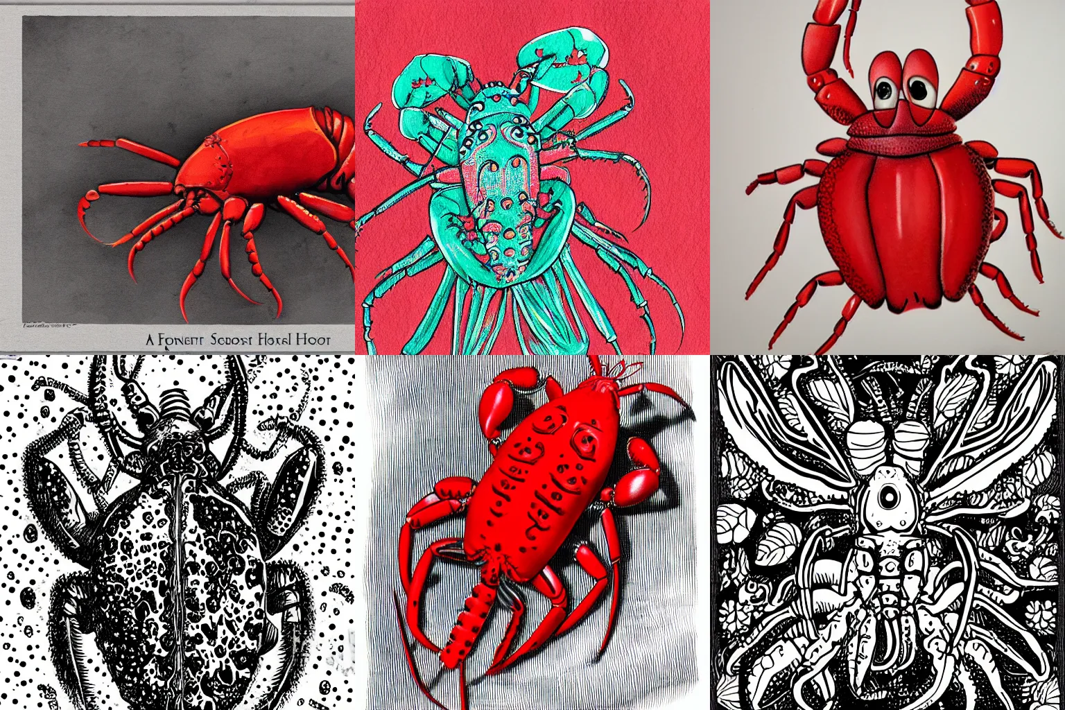 Prompt: a sentient apple crossed with a lobster. horror, monochromatic, color splash, intricate detail