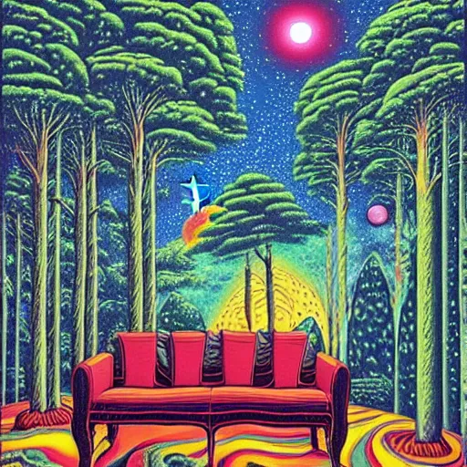 Image similar to psychedelic trippy river pine forest, planets, milky way, sofa, cartoon by rob gonsalves