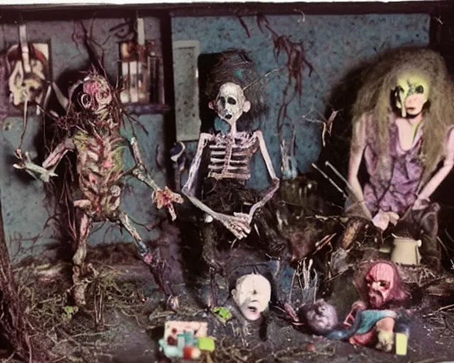 Prompt: still from a full - color 1 9 8 5 creepy live - action stop - motion puppetry film by the brothers quay in the style of a tool music - video, involving nails and soap, inside elaborate dioramas.