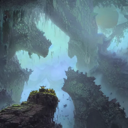 Prompt: dozens of hived hexagonal frog kappa bee necromancers in the castle keep glorious cliff moat with the crescent moon rippling above. Craig Mullins, Dylan Cole, Liang Mark, Darek Zabrocki, Finnian MacManus, Sung Choi, Ruan jia, Albert Bierstadt Greg Rutkowski, Cinematic Keyframe Environmental & Architectural Design Concept Art, Trending on ArtStation