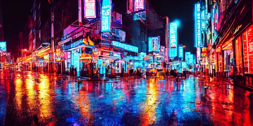 Image similar to A rainy street lit up by neon signs in the city