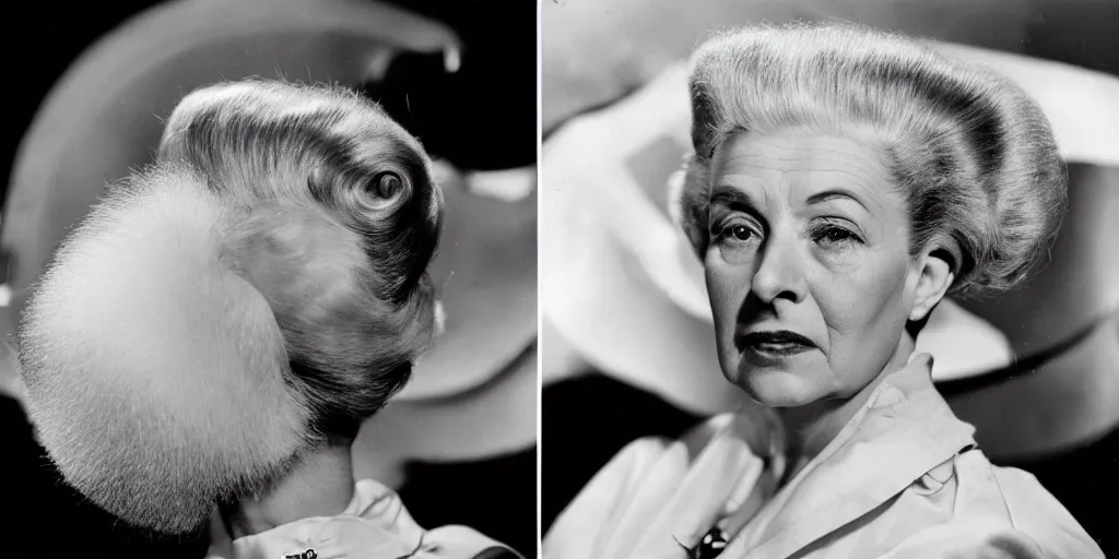 Image similar to detailed sharp photograph in the style of popular science circa 1 9 5 5 and gregory crewdson of a 1 9 5 0 s close up of an elderly woman wearing a mink stole and pearls with a white bouffant hairdo looking into a 1 5 0 mm lens