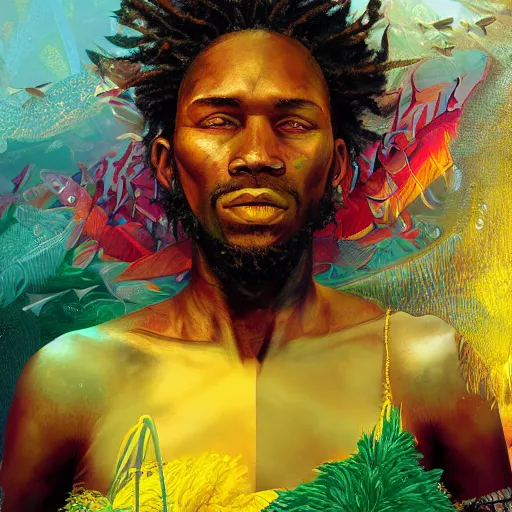 Image similar to Fisherman, Jamaican, Illustration, Third-Person View, Depth of Field, Colorful with Yellow Green Black Red, insanely detailed and intricate, hypermaximalist, jamaican vibe, hyper realistic, super detailed, by Charlie Bowater, by Karol Bak