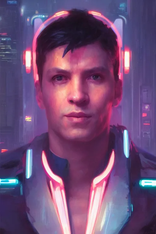 Image similar to portrait of Ron Wisly in cyberpunk, neon lighting, night city, digital art from artstation by Ruan Jia and Mandy Jurgens and Artgerm and william-adolphe bouguereau and Greg Rutkowski and Wayne Barlowe