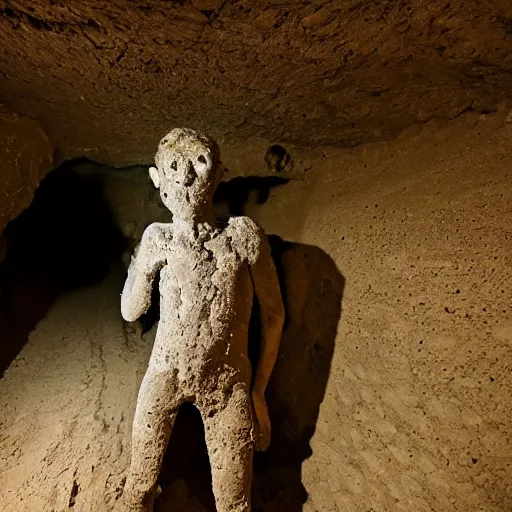 Prompt: found footage of a man made of clay emerging from a wall inside of a cave made of clay, creepy, flash photography, unsettling, moist