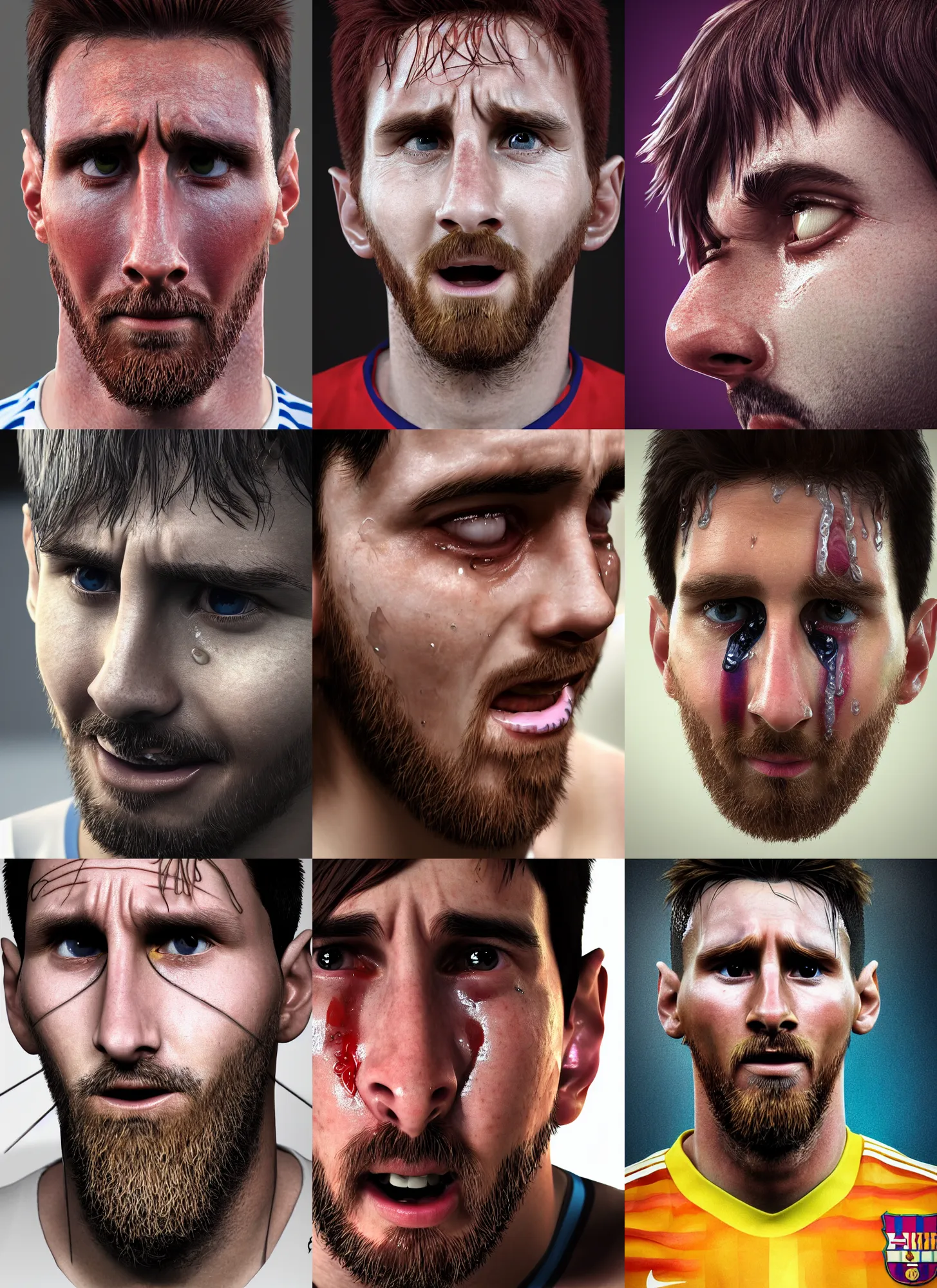 Prompt: portrait of ((cute)) crying Messi, photorealistic, 35mm, tears drip from the eyes, close-up, Octane render, trending on Artstation, 4k, 8k, perfect face, highly detailed, digital art