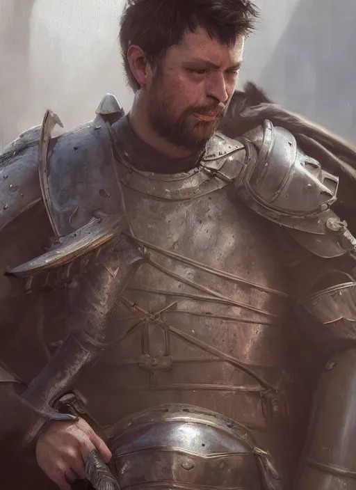 Image similar to medium close up of male medieval warrior walking with weapon on shoulder, brown hair, dirty face, realistic cinematic lighting, photorealistic, reflections, glistening, sweat, greg rutkowski, wlop, ruan jia, artgerm, craig mullins, pixiv, artstation, octane renderer