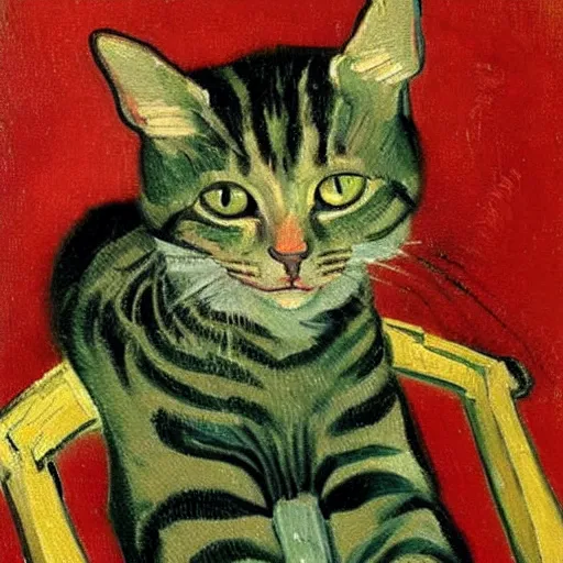 Prompt: cat sitting in a chair. oil painting by vincent van gogh.