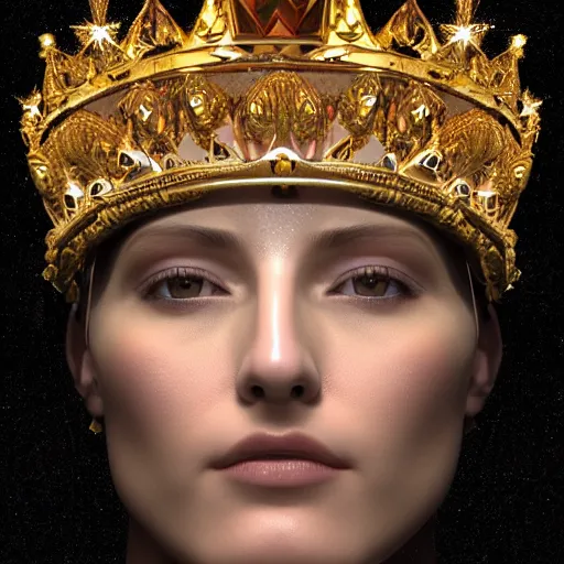 Image similar to a beautiful symmetrical face wearing a crown made of golden ornaments and gems by alex gray and android jones, 3D, 8k resolution