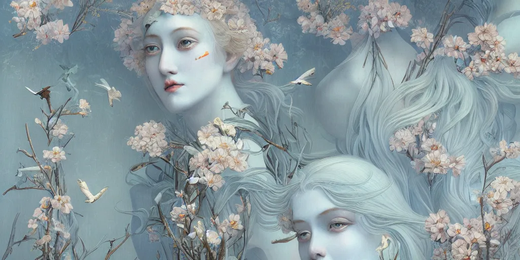 Image similar to breathtaking detailed concept art painting art deco pattern of blonde faces goddesses amalmation light - blue flowers with anxious piercing eyes and blend of flowers and birds, by hsiao - ron cheng and john james audubon, bizarre compositions, exquisite detail, extremely moody lighting, 8 k