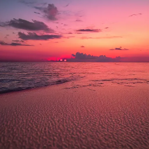 Prompt: Photo of the middle of the ocean, tiny islands made of sand and sandbars, a couple of palm trees, sunset, pink clouds, dreamy, enchanting, ultrarealistic, establishing shot