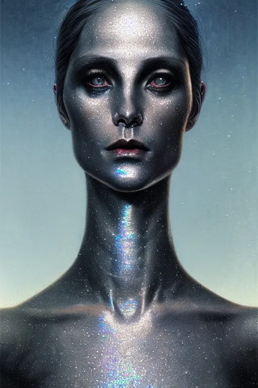 Prompt: pearlescent black lilith! the primordial mother of all monsters!! stares into the sky, covered in iridescent glitter!!, raining ash, fine art masterpiece, highly detailed dino valls wayne barlowe machiej kuciara, dramatic lighting, long shot, side angle, uhd 8 k, sharp focus