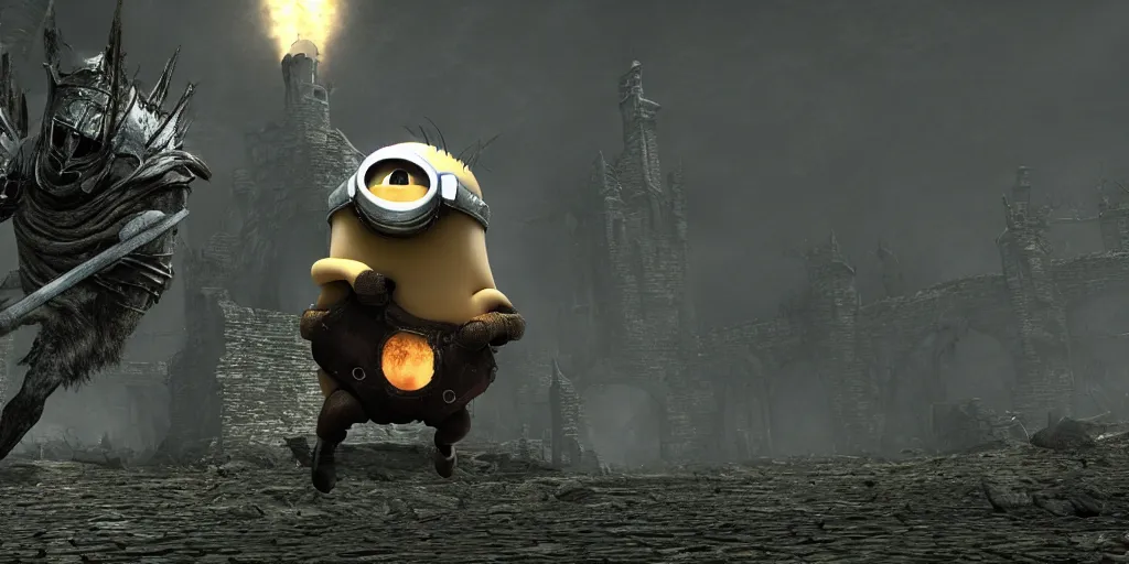 Image similar to minion as a darksouls boss, horror, hd, screenshot,