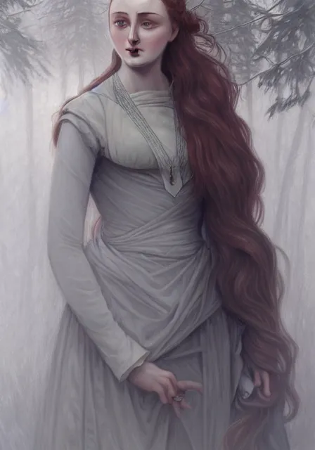 Image similar to portrait of sansa stark in gray dress, foggy forest, autumn, intricate, elegant, highly detailed, digital painting, artstation, concept art, smooth, sharp focus, illustration, art by artgerm and greg rutkowski and alphonse mucha and william - adolphe bouguereau