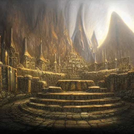 Image similar to an underground dwarven city, by john howe