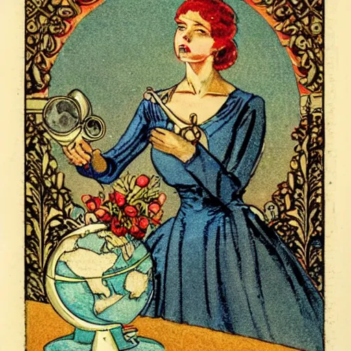 Image similar to a royal portrait of a cyborg woman. she holds a globe in one hand and flowers in the other. illustrated by burton rice. 1 9 1 2.