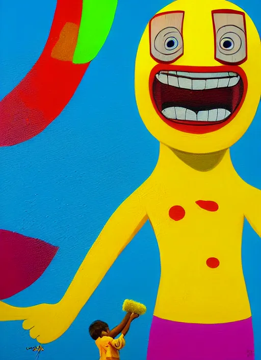 Image similar to splash painting, happy guy, by os gemeos