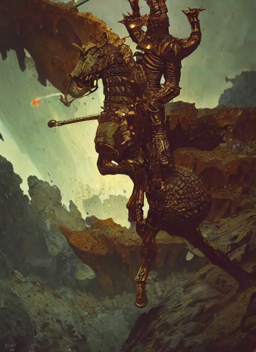 Prompt: knight in armour, lava cave, dynamic action, by lawrence alma - tadema and zdzislaw beksinski and norman rockwell and jack kirby and tom lovell and greg staples, artstation creature art