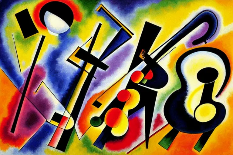 Image similar to jazz quintet, painting, kandinsky, saxophone, drums, piano, trumpet, realistic