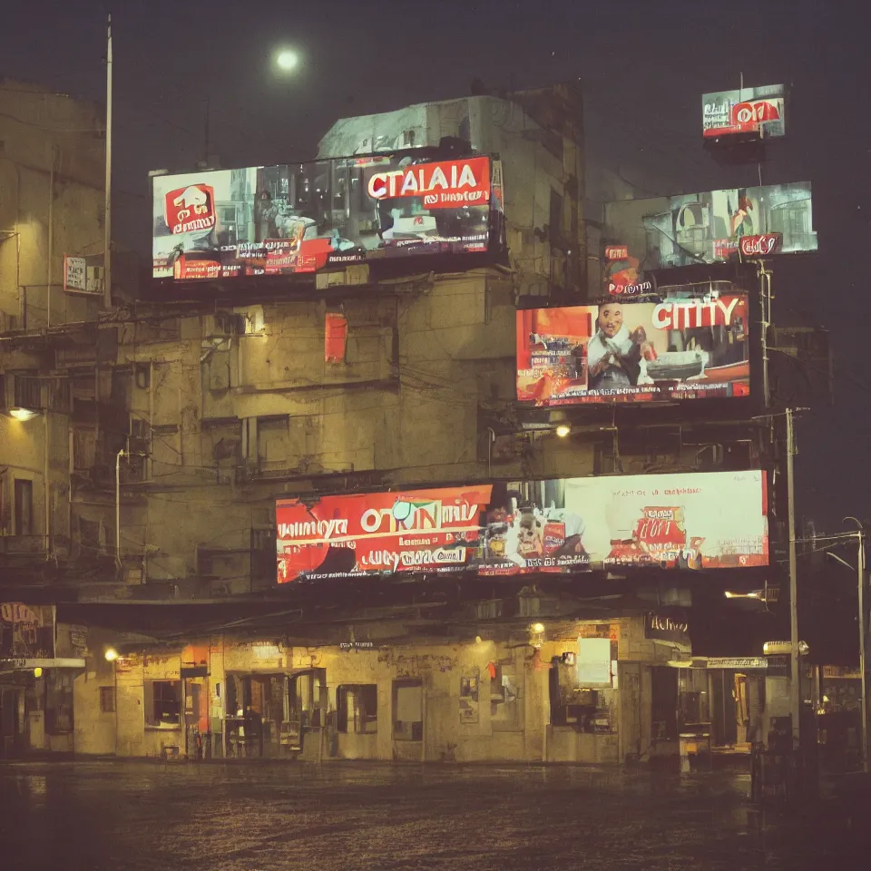 Prompt: rainy night on othe outskirts of italian city, citylights in background, illuminated billboard with kevin spacey advertising cat food, wide shot, kodak portra 400, 55 mm, 1.8