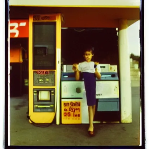 Image similar to Ashoka at a gas station, 90s polaroid, by Saul Leiter, Jamel Shabazz, Nan Goldin