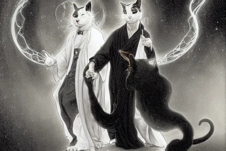 Image similar to an anthropomorphic black and white cat wearing long flowing robes teaches his apprentice a new magical spell in front of a magical gateway to another universe, illustration by Boris Vallejo, rutkowski, thomas kindkade, alphonse mucha, loish, norman rockwell, artstation, furaffinity