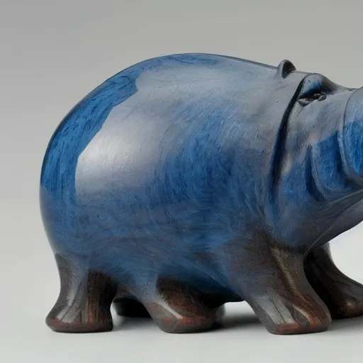 Image similar to a small hippo statue carved from natural wood on the bottom and polished blue resin on the top