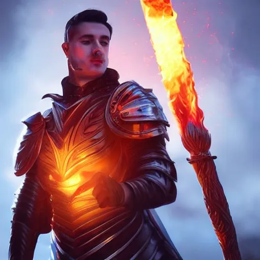 Prompt: Matty Lee wearing plate armour holding a glowing fire magical staff. Trending on Artstation octane render ultra detailed art by Ross tran