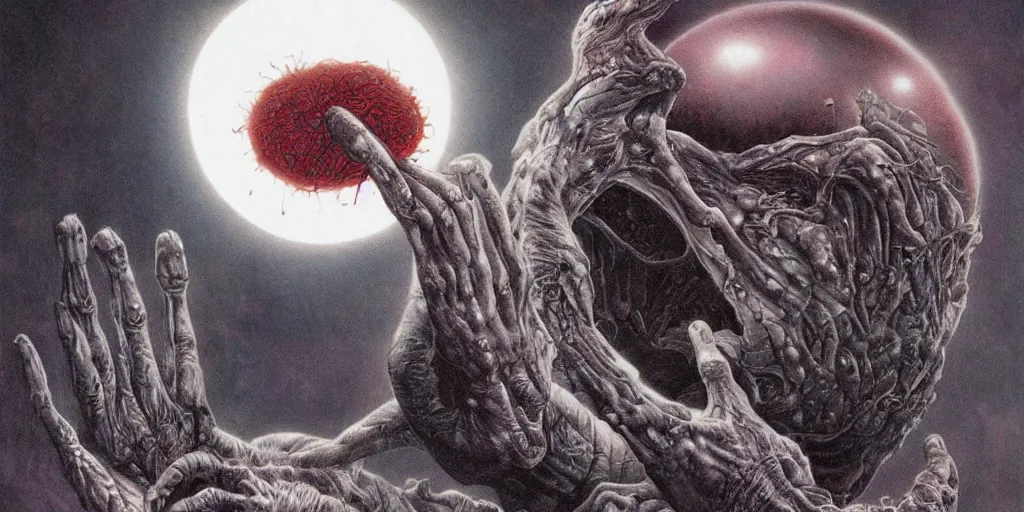 Image similar to griffith holding behelit during the eclipse from berserk, creepy, melting, since, horror, art by wayne barlowe, giger, artgerm