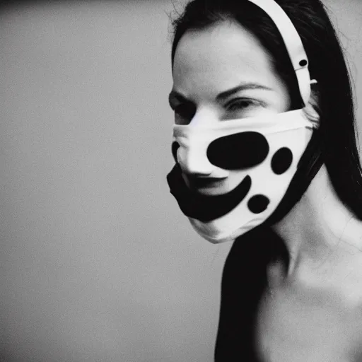 Prompt: Close up photograph of a woman wearing a Gimp Mask, black and white, professional photography, 35mm film, focus