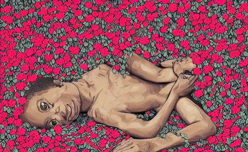 Image similar to african boy lying down in a garden - wrapped in flower vines, art by james jean, sharp, detailed, digital painting, illustration, intricate detail, pinterest, behance, art station,