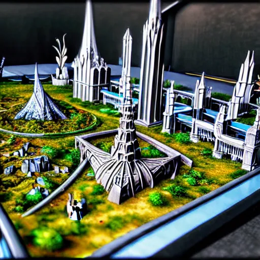 Prompt: Close hyper-detailed Isometric angle photo of an elaborate intricate mystical elven fantasy city diorama. Tall skyscrapers. Amazing intriguing fantastic ethereal.